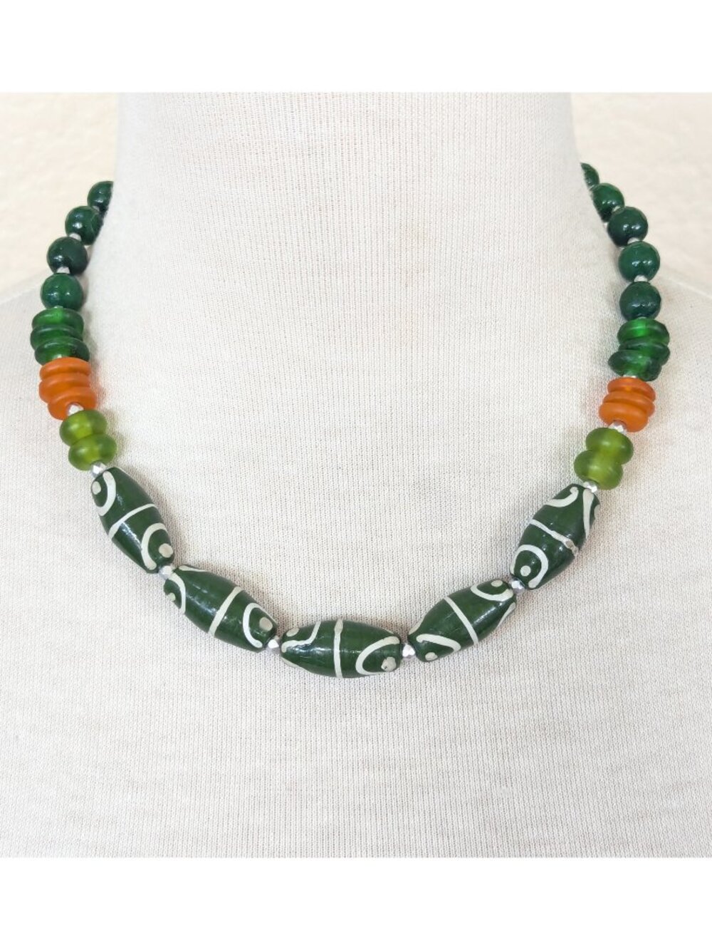 Dark Green, Olive green & Burnt Orange Jade & African Krobo Glass Necklace